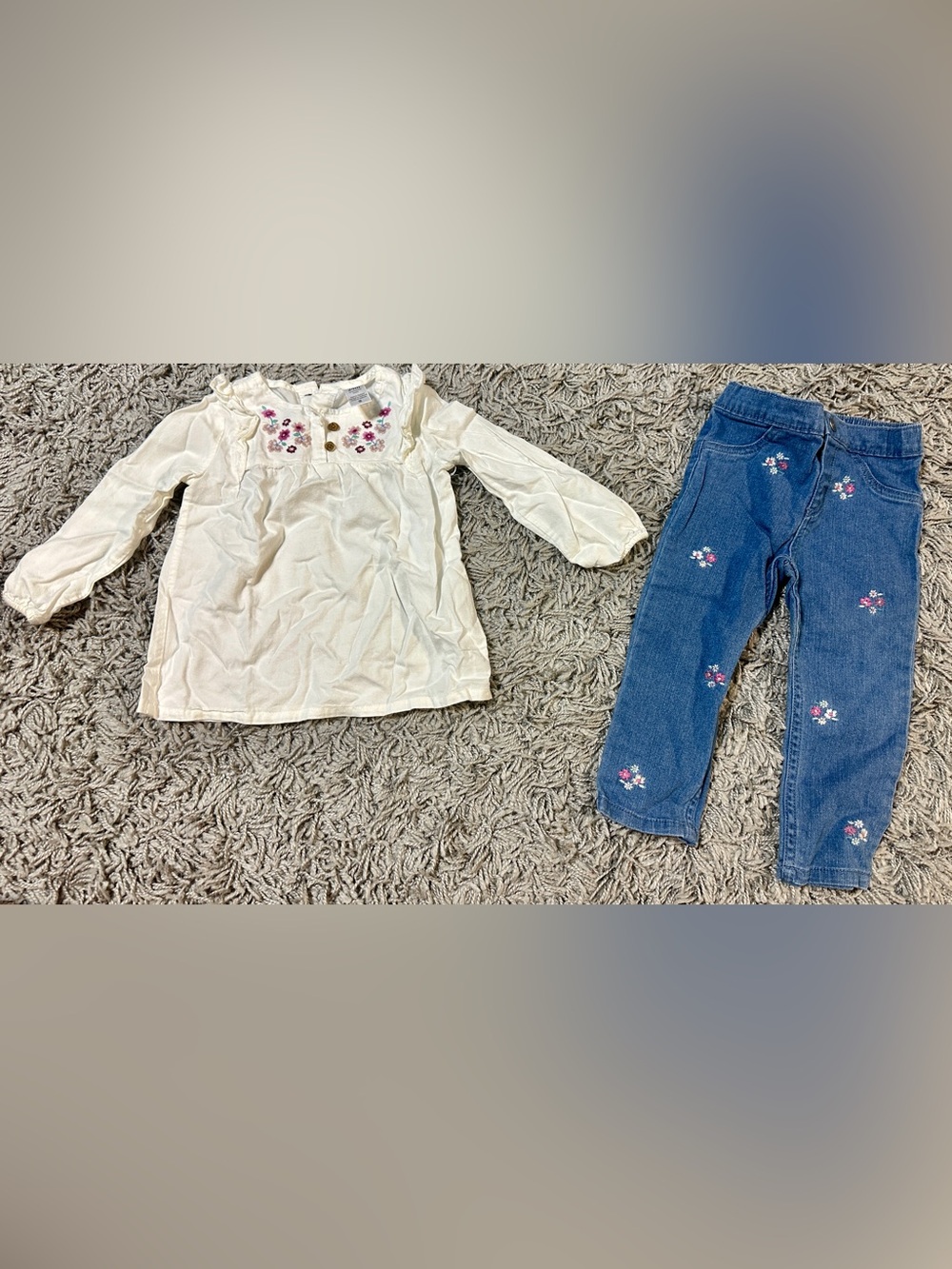 Carter's Cream Long-Sleeve Embroidered Top and Denim Skirt Set